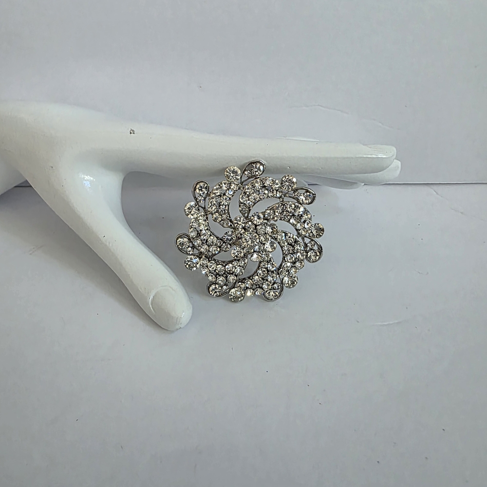 Elegant Silver Swirl Rhinestone Brooch
